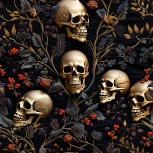 Skull Wallpaper - Dark Funky Wallpaper - William Morris Skull and Nature Design, Dark Academia Wallpaper: The Joseph - Quick Ship!