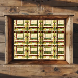 May include: A rectangular stained glass panel featuring a repeating geometric grid pattern in shades of cream, forest green, olive, and deep red, framed within a rustic wooden box structure with visible grain and natural wood tones.