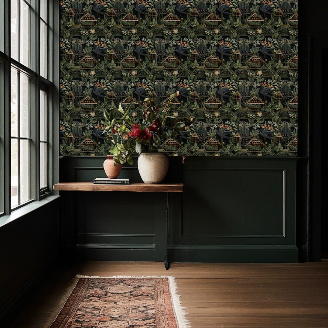 Victorian Greenhouse Dark Wallpaper, Moody Green Botany Garden Plant ...