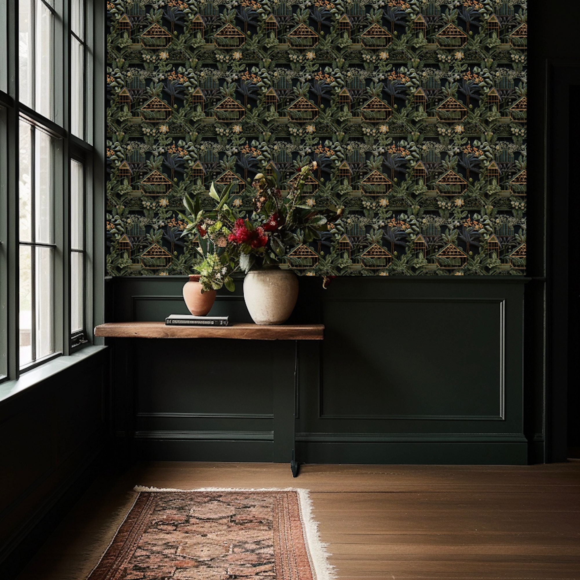 Victorian Greenhouse Dark Wallpaper, Moody Green Botany Garden Plant