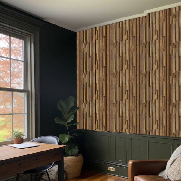 Wood Wallpaper Wooden Slat, Feature Accent Wall with Slats, Texture and Grain, Wall Covering and Background: The Grant