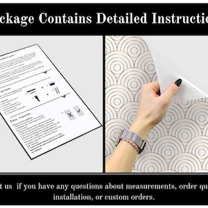 May include: A detailed instruction sheet and a section of peel and stick wallpaper with a gold and white circular pattern. The text "Package Contains Detailed Instructions" is at the top.