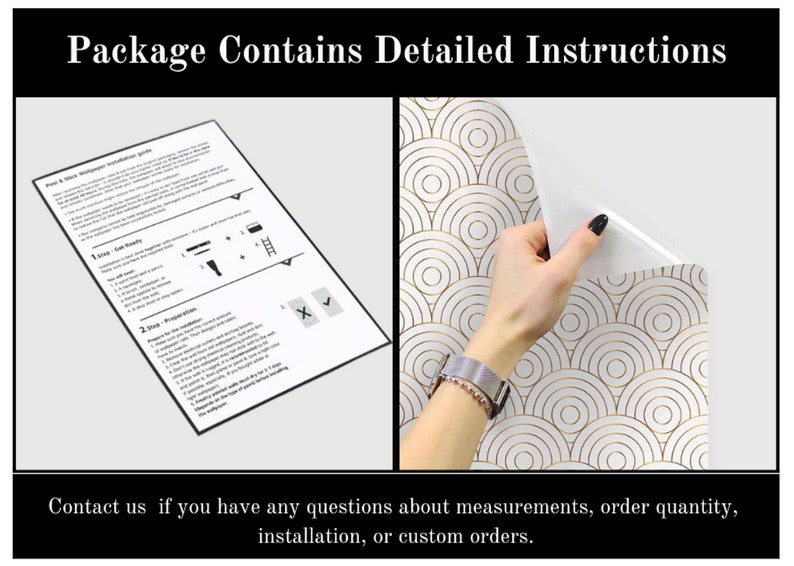 May include: A detailed instruction sheet and a section of peel and stick wallpaper with a gold and white circular pattern. The text "Package Contains Detailed Instructions" is at the top.
