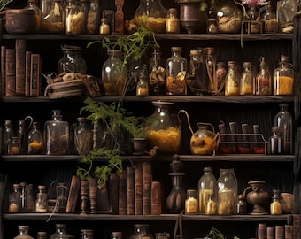 May include: A dark wooden shelf filled with various glass bottles, jars, and containers of different sizes. Some bottles contain dried herbs and spices. There are also old books and decorative items, creating a vintage apothecary or library aesthetic.