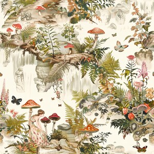 May include: A fabric pattern featuring a repeating illustration of a person sitting among red-capped mushrooms, ferns, and waterfalls. The design includes various butterflies, botanical elements, and rocky landscapes in muted earth tones on a cream background.