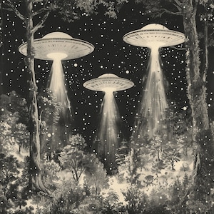 May include: A black and white illustration of three flying saucers hovering over a snowy forest. The saucers are emitting beams of light.