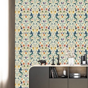 Mermaid Wallpaper - Ocean Wallpaper and Mythological Sea Creature design Inspired by Dark William Morris Funky: The Mytha - Quick Ship!