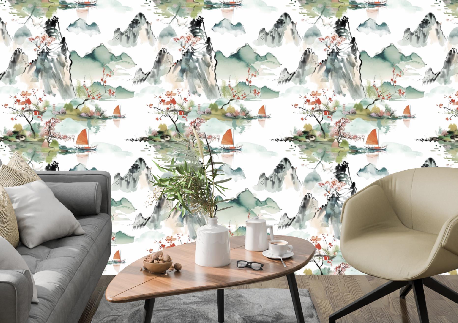 Japandi Art Wallpaper Japanese Chinoiserie Cherry Blossom Landscape ...