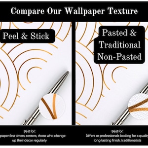 May include: Comparison of wallpaper textures: Peel & Stick versus Pasted & Traditional Non-Pasted. The image shows close-ups of the textures with a pen for scale. Text reads "Compare Our Wallpaper Texture". The "Peel & Stick" option is best for renters and those who change decor regularly.