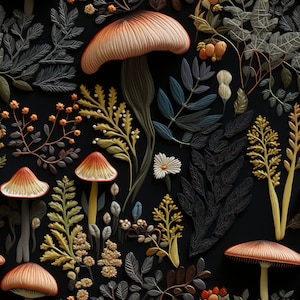 Mushroom Wallpaper - Dark Green Woodland Funky Cottage Core Wallpaper - William Morris, Vintage Nature Wallpaper: The Nico - Quick Ship!