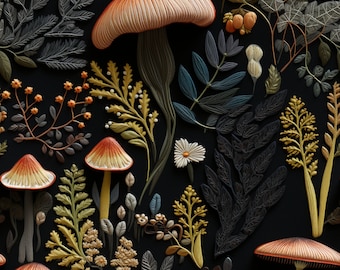 Mushroom Wallpaper - Dark Green Woodland Funky Cottage Core Wallpaper - William Morris, Vintage Nature Wallpaper: The Nico - Quick Ship!