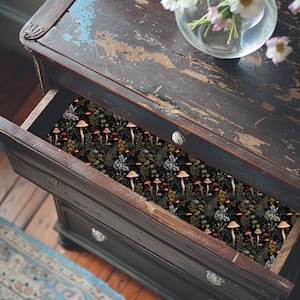 Op de afbeelding: Een donkerbruine houten ladekast met een halfopen lade bekleed met zwart behang met een herhalend patroon van oranje paddenstoelen, groene varens en witte wilde bloemen. De kast heeft een verweerde afwerking en zilverkleurige metalen knoppen.