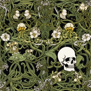 Skull Wallpaper - Dark Funky Wallpaper - William Morris Skull and Nature Design, Dark Academia Wallpaper: The Draco - Quick Ship!
