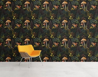 Mushroom Wallpaper - Dark Green Woodland Funky Cottage Core Wallpaper - William Morris, Vintage Nature Wallpaper: The Alba - Quick Ship!