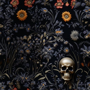 Skull Wallpaper - Dark Funky Wallpaper - William Morris Skull and Nature Design, Dark Academia Wallpaper: The Fiona - Quick Ship!