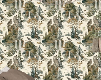 Barn Owl Woodland Wallpaper, Vintage Forest Boho Woods, Funky Neutral Country Animal Forest Bird of Prey - The Tripp
