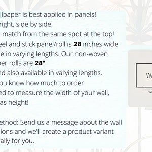 May include: Image shows text about wallpaper application, emphasizing panel alignment and measurement. The text states that the wallpaper is 28 inches wide. A diagram illustrates how to measure wall width and height for ordering.
