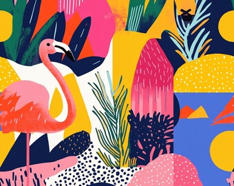 Funky Flamingo Coastal Wallpaper - Fun Colorful Tropical Bird Retro Whimsical Art, Moody Dark Art Deco - The Jex