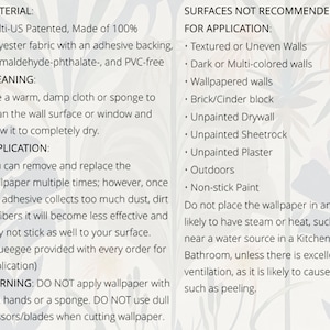 May include: Text-based image detailing wallpaper material, cleaning instructions, and application guidelines. It specifies the material is polyester fabric with adhesive backing and lists surfaces not recommended for application, such as textured walls. Includes a warning about wet hands.