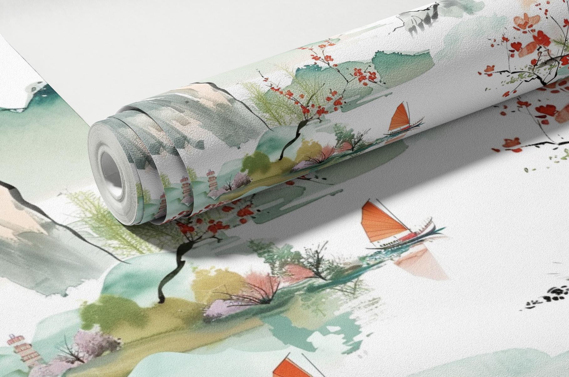 Japandi Art Wallpaper Japanese Chinoiserie Cherry Blossom Landscape ...