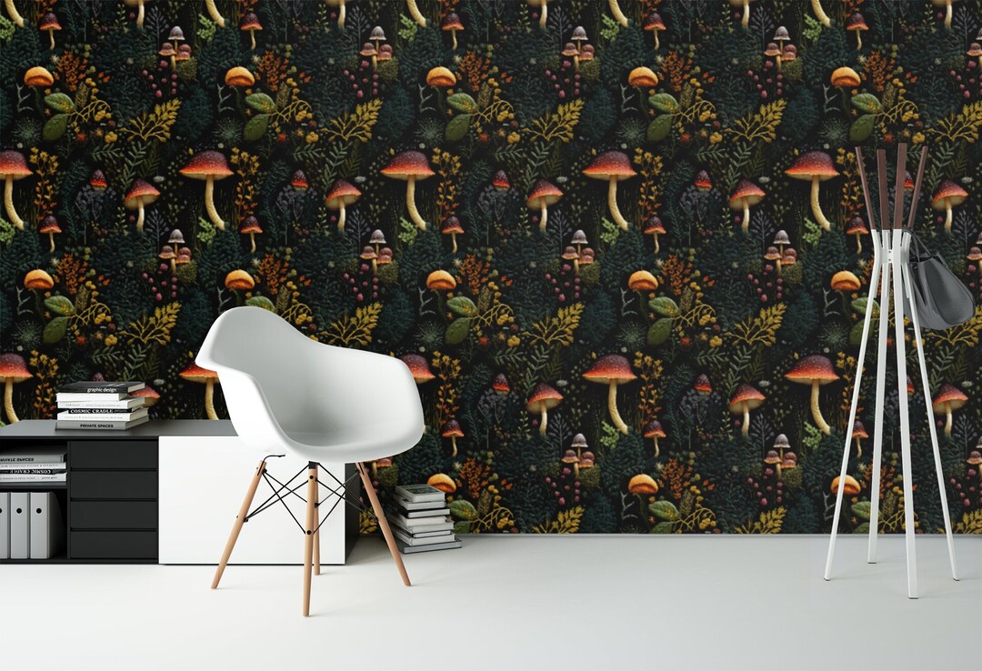 Mushroom Wallpaper - Dark Green Woodland Funky Cottage Core Wallpaper ...