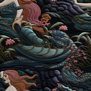 Mermaid Wallpaper - Ocean Wallpaper and Mythological Sea Creature design Inspired by Dark William Morris Funky: The Arista - Quick Ship!
