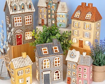 Village Pottery Tile and Brick Houses Tealight Holder Collection - Hand Painted Ceramic House - Yellow, Pink, Lilac, Blue or Grey