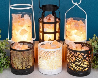 Himalayan Pink Salt Lamp - Black or White USB Lamps with Trees, Petals or Abstract Designs