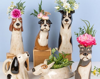 Village Pottery Top Dog Planter Pots Collection - Kiln Fired Waterproof and Hand Finished Planters - Boxer, Collie, Schnauzer and More Dogs