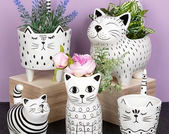 Quirky Cat Planter Pots Collection - Black and White Cute Smiling Cats, Small or Large Indoor Pots