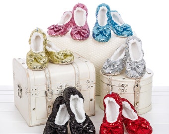 Snoozies! - Womens Super Soft Sherpa Fleece Ballerina Bling Sequin Slippers with Non Slip Sole in Black, Red, Silver, Gold, Blue or Pink