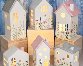 Meadow Houses Floral Tealight Holder Collection - Hand Painted Ceramic House - Pastel Flowers Design Pink Green Cream Grey