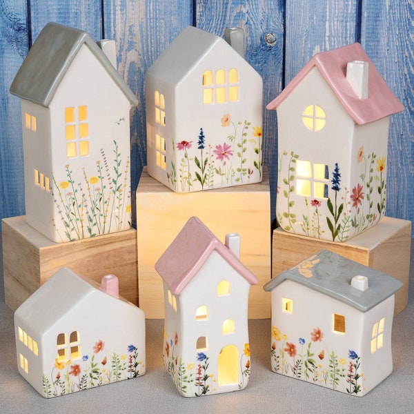 Meadow Houses Floral Tealight Holder Collection - Hand Painted Ceramic House - Pastel Flowers Design Pink Green Cream Grey