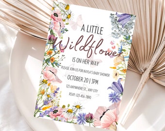 Una pequeña flor silvestre está en camino invitación editable de baby shower de niña, invitación de baby shower de flores silvestres, plantilla editable de baby shower