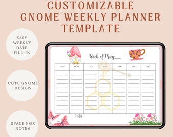 Weekly Planner Printable, Weekly Planner Digital, Printable Weekly Meal Planner, Gnome Weekly Planner Blank Template, Cute Weekly Planner