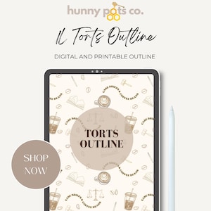 May include: A digital and printable Torts Outline study guide with a coffee and law theme. The image shows a tablet screen with a white background and a repeating pattern of coffee cups, coffee beans, scales of justice, and gavel illustrations. The text "Torts Outline" is in a circle on the screen. The text "Shop Now" is in a brown circle at the bottom left of the image.