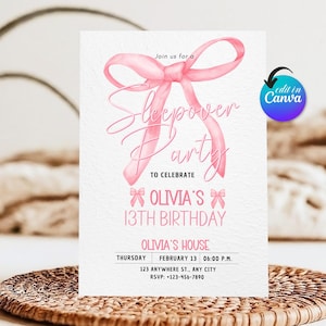 Coquette Sleepover Birthday Invitation, Pink Slumber Party, Canva Editable (Instant Download)