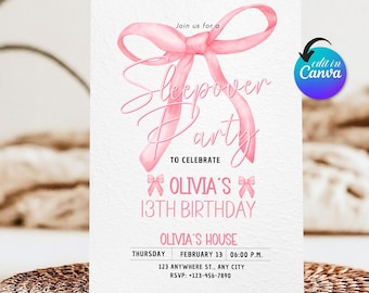 Coquette Sleepover Birthday Invitation, Pink Slumber Party, Canva Editable (Instant Download)