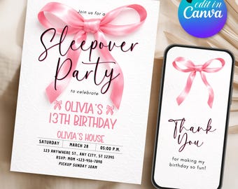Coquette Sleepover Birthday Invitation, Pink Slumber Party, Canva Editable (Instant Download)