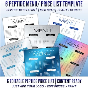 Puede incluir: Se muestran seis plantillas de menú de péptidos editables con la palabra "MENU" y categorías como "Metabólico y pérdida de peso" y "Piel y estética". Estas plantillas están diseñadas para revendedores de péptidos, spas médicos y clínicas de belleza. El texto inferior dice "6 LISTA DE PRECIOS DE PÉPTIDOS EDITABLE | CONTENIDO LISTO."