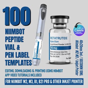 Niimbot Peptid-Etikettenvorlage, Retatrutid-Etikett, Zweifarbige Niimbot-Etikettenvorlage, Etiketten für 3-ml- und 5-ml-Fläschchen, Niimbot M2 M3, Canva-bearbeitbar