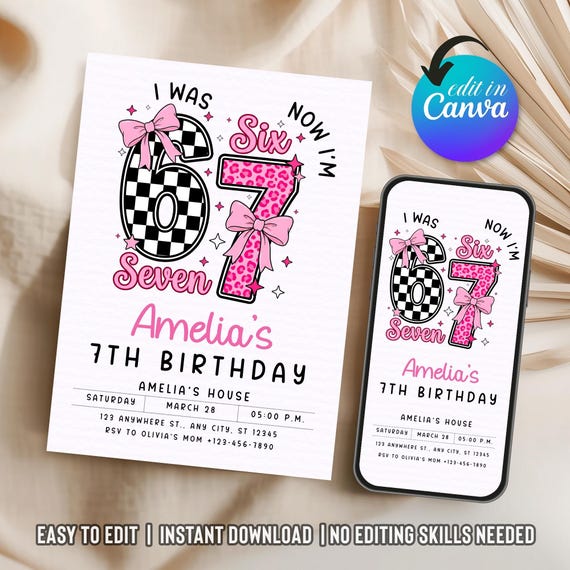 Coquette 67 Birthday Party Invitation, Girl 7th Birthday Theme, Six Seven Retro Birthday Invite, Canva Editable Template (Instant Download)