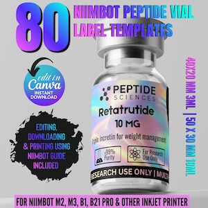 Può includere: Un grafico digitale con 80 modelli di etichette per flaconi di peptidi Niimbot da 40x20mm 3ml e 50x30mm 10ml. L'immagine mostra un flacone in vetro trasparente con un'etichetta olografica con la scritta Peptide Sciences Retatrutide 10mg.