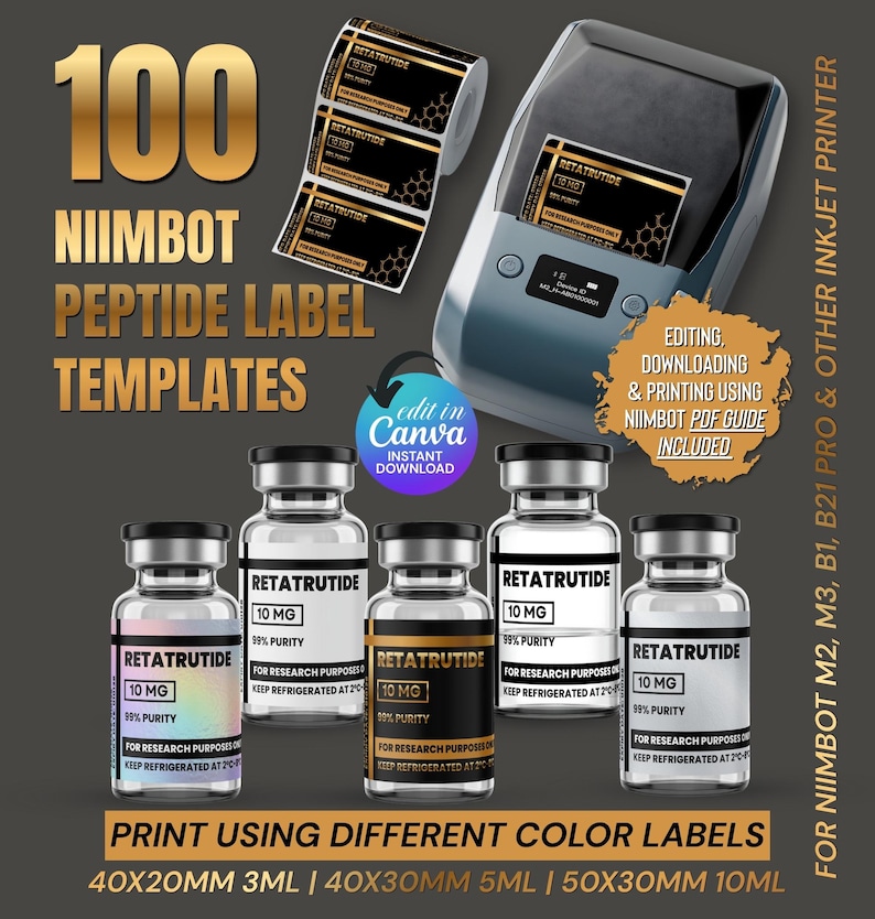 Niimbot Peptide Label Template, Retatrutide Peptide Label, holographic, white, black gold, transparent, silver peptide vial template