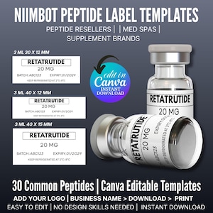 Niimbot Peptide Label Template, Retatrutide Peptide Label, Editable Niimbot Custom Peptide Label, 3ml Peptide Vial Label, Canva Template