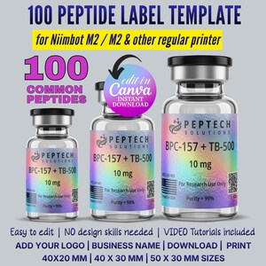May include: Three clear glass vials with black caps and labels that read "BPC-157 + TB-500" and "10 mg." The text "100 PEPTIDE LABEL TEMPLATE" is at the top, with "Edit in Canva" and "Instant Download" graphics.
