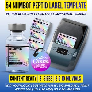 Puede incluir: Un vial de vidrio transparente con una tapa plateada y una etiqueta que dice "RETATRUTIDE 10 MG". También se ven un rollo de etiquetas iridiscentes y una impresora de etiquetas. El texto de la imagen incluye "54 NIIMBOT PEPTID LABEL TEMPLATE" y "CONTENT READY | 3 SIZES".