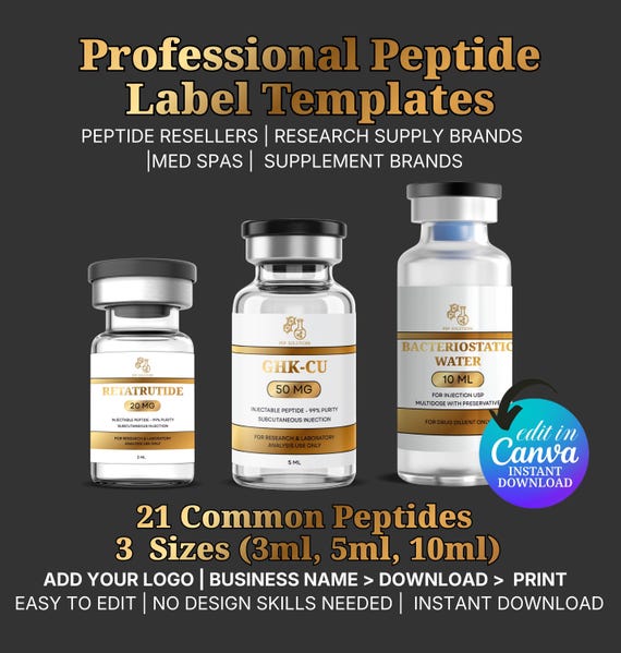 Buy Peptide Vial Label Template, Retatrutide Peptide Label, Editable Custom Peptide Label Template 3ml 5ml 10 Ml Vial Label, Canva Template Online in India