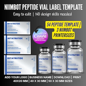 May include: A template for peptide vial labels featuring "RETATRUTIDE" and "10 MG". The design includes three vials and label templates. The text "Easy to edit | NO design skills needed" is also present.
