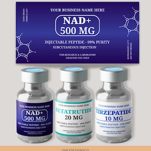 May include: Three glass vials with silver caps and blue labels. The labels read "NAD+ 500 MG", "Retatrutide 20 MG", and "Tirzepatide 10 MG". The text "Injectable Peptide - 99% Purity" is also visible. The background is a dark blue gradient.
